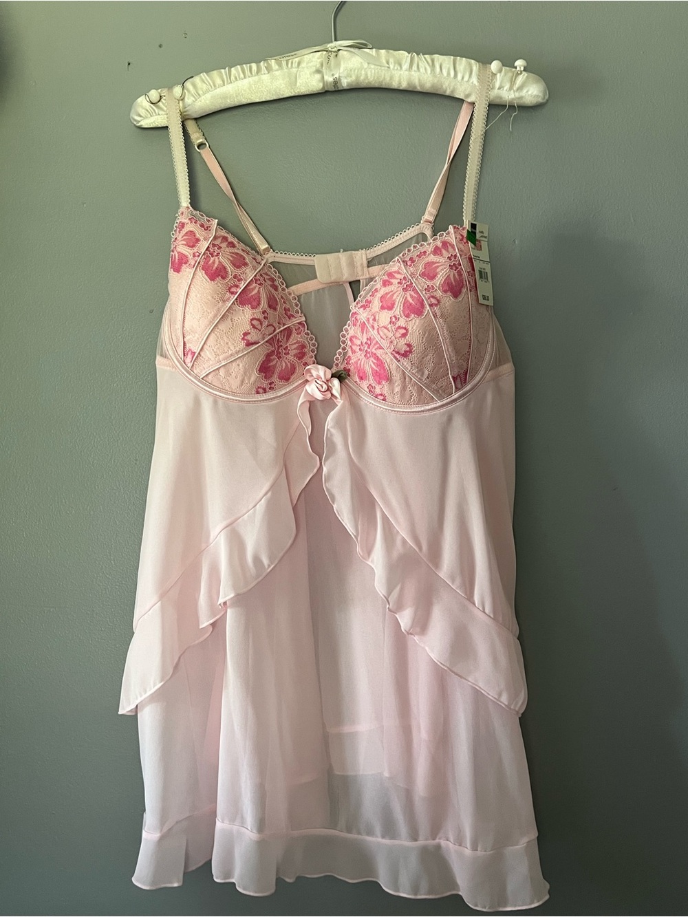 NWT JC Penney romantic glamour babydoll nightie set pink floral lace XL  2 pc
